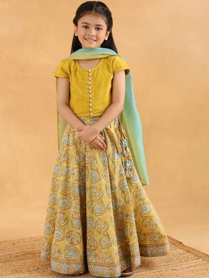 Fabindia Girls Block
                        Print Ready to Wear Lehenga & Blouse With
                        Dupatta