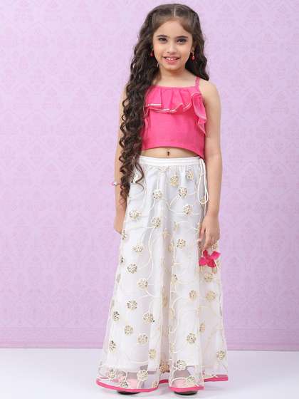 Biba Girls White &
                    Pink Floral Embroidered Ready to Wear Lehenga &
                    Choli