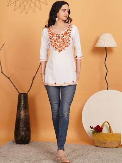URBAN DHAGA Floral
                        Embroidered Ethnic Cotton Blend Kurtis