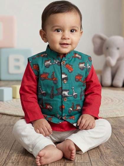 Sangria Infant Boys
                    Printed Pure Cotton Round Neck Kurta & Pyjamas
                    With Jacket