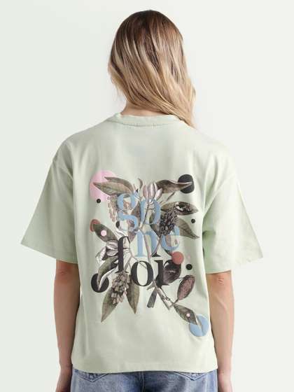 RAREISM Women
                          Green Graphic Print Relaxed Fit Half Sleeve
                          Crew Neck T-Shirt
