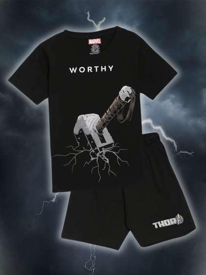 Nap Chief Kids
                        Unisex Black & White Marvel Thor Worthy
                        Printed Cotton Tshirt With Shorts