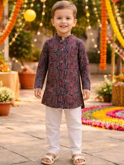 KALINI Boys Ethnic
                    Motifs Printed Regular Pure Cotton Kurta with
                    Pyjamas