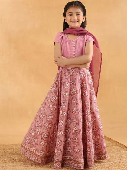 Fabindia Girls Block
                        Print Ready to Wear Lehenga & Blouse With
                        Dupatta