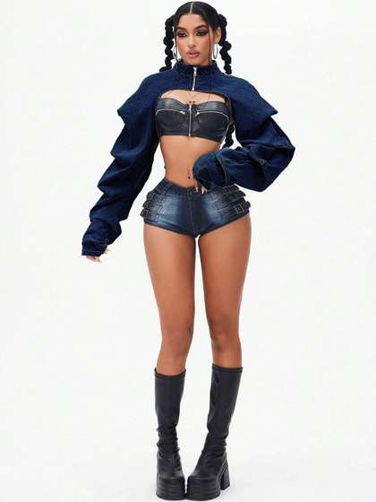 StyleCast Women Long
                        Sleeves Denim Extreme Crop Jacket