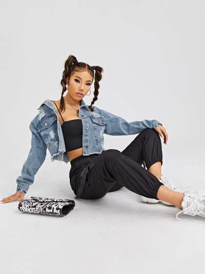 StyleCast Women
                        Spread Collar Distressed Crop Denim Jacket
