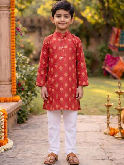 KALINI Boys Ethnic
                    Motifs Printed Regular Pure Cotton Kurta with
                    Trousers