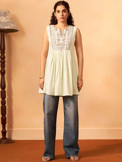 Anouk Floral
                          Embroidered V-Neck Thread Work Pure Cotton
                          Thread Work Panelled Kurti