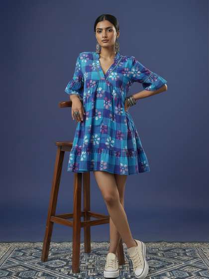 Taavi Batik Floral
                          Dyed Mandarin Collar Gathered Pure Cotton
                          A-Line Ethnic Dresses