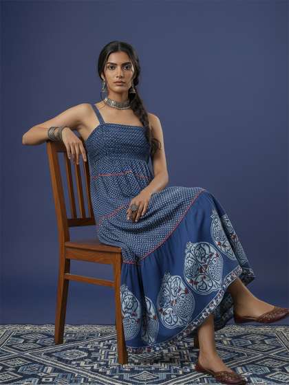 Taavi Cotton Linen
                        Printed Dabu Maxi Ethnic Dress