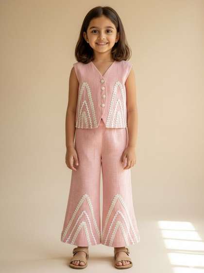 THE WISHING CLOSET
                        Girls Embellished V-Neck Pure Cotton Top With
                        Trouser
