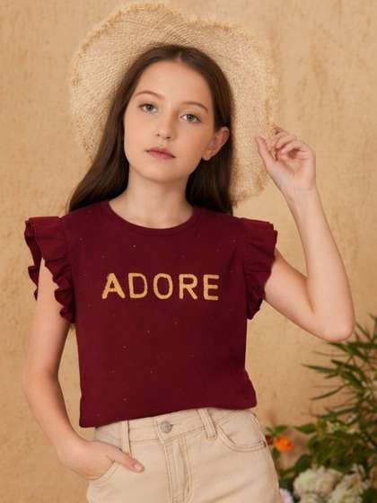 Purple United Kids Girls
                    Maroon Ruffle Sleeves Cotton Tshirt