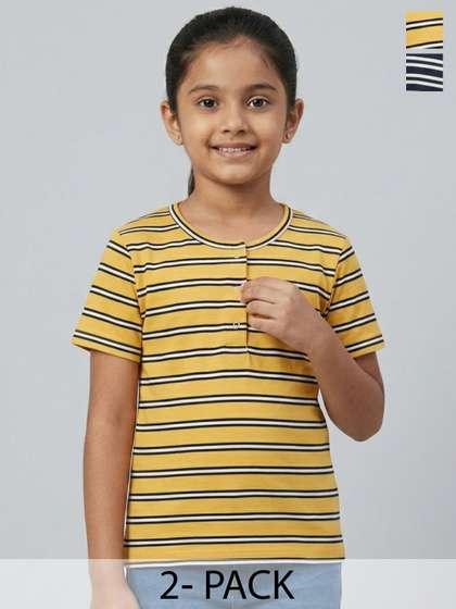 Biglilpeople Girls PACK
                    OF 2 Navy Yellow Striped Henley Neck Short Sleeves
                    Tops