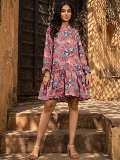 KALINI Floral
                          Print Ruffled A-Line Mini Dress