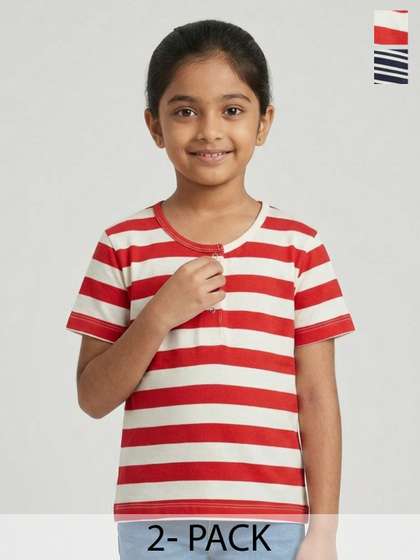 Biglilpeople Girls
                      PACK OF 2 Red Navy Striped Henley Neck Short
                      Sleeves Tops