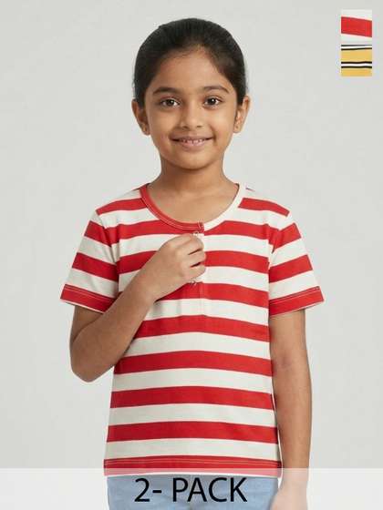 Biglilpeople Girls
                      PACK OF 2 Yellow Red Striped Henley Neck Short
                      Sleeves Tops