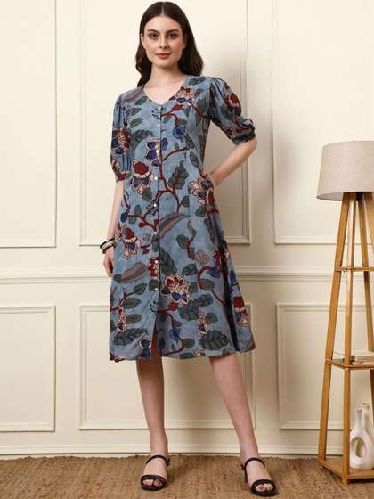KALINI Floral
                          Print Puff Sleeve A-Line Dress
