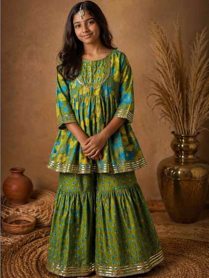 BAESD Girls Floral
                    Printed Empire Sequinned Pure Cotton Kurta with
                    Sharara
