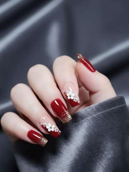 Vembley Set Of 24
                          Artificial Reusable Press On Nails - Maroon
                          With Glitter & Flowers