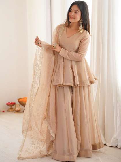 MISHRI TEX FAB Women
                        Ethnic Motifs Embroidered Tiered Sequinned Silk
                        Crepe Kurta with Sharara & With Dupatta