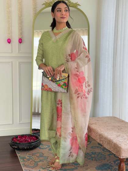 KALINI Women Floral
                        Embroidered Regular Gotta Patti Kurta with
                        Trousers & With Dupatta