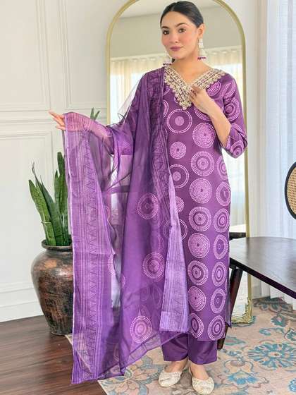 KALINI Women Printed
                        Regular Thread Work Kurta with Trousers &
                        With Dupatta
