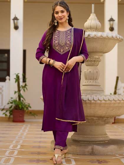 KALINI Women Floral
                        Embroidered Regular Thread Work Kurta with
                        Trousers & With Dupatta