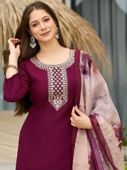 KALINI Women
                          Floral Yoke Design Regular Thread Work Kurta
                          with Trousers & With Dupatta