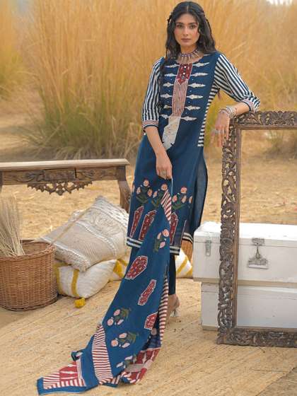 Indo Era Women Ethnic
                      Motifs Printed Regular Mirror Work Pure Cotton
                      Kurta with Trousers & With Dupatta