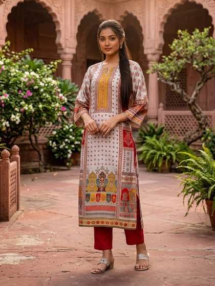 Varanga Women Ethnic
                        Motifs Printed Regular Gotta Patti Chanderi Silk
                        Kurta with Trousers
