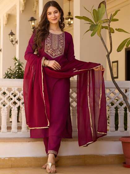 KALINI Women Floral
                        Embroidered Regular Thread Work Kurta with
                        Trousers & With Dupatta