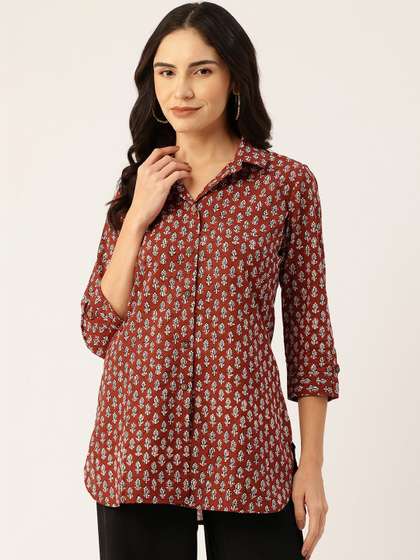 FERANOID Floral
                        Printed Shirt Collar Pure Cotton Kurti