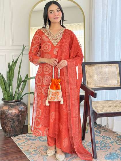 KALINI Women Printed
                        Regular Thread Work Kurta with Trousers &
                        With Dupatta