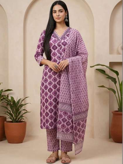 Varanga Women
                          Ethnic Motifs Printed Regular Thread Work Pure
                          Cotton Kurta with Trousers & With Dupatta