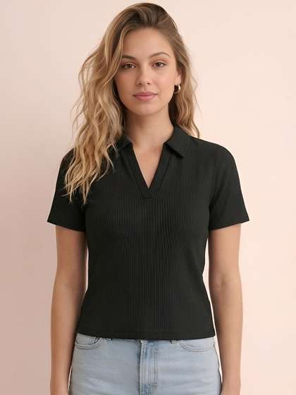 TWIN BIRDS Women
                        Ribbed V-Neck Soft Stretch Relaxed Fit Polo
                        T-Shirt