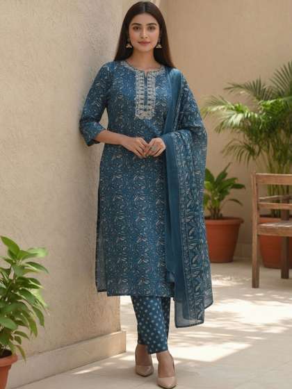 Varanga Women
                          Ethnic Motifs Printed Regular Thread Work Pure
                          Cotton Kurta with Trousers & With Dupatta