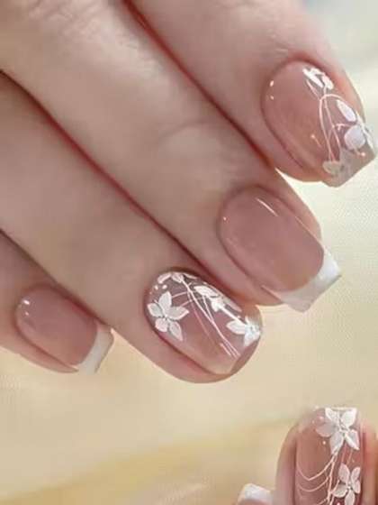 TheVineGirl Set of
                        24 Artificial Reusable Press On Nails - Nude
                        French Tip Floral