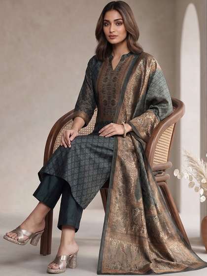 Varanga Women Ethnic
                        Motifs Printed Regular Chanderi Silk Kurta with
                        Trousers & With Dupatta