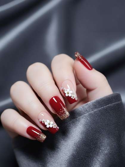 TheVineGirl Set of
                        24 Artificial Reusable Press On Nails - Maroon
                        With Glitter & Flowers