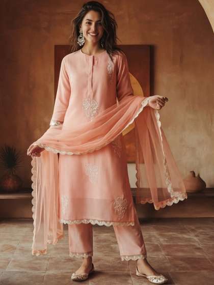 Anouk Women Ethnic
                        Motifs Embroidered Regular Thread Work Chanderi
                        Cotton Kurta with Trousers & With Dupatta