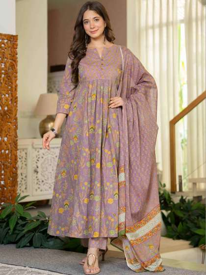 NAVYAAZRI Women
                        Floral Printed Layered Pure Cotton Kurta with
                        Trousers & With Dupatta