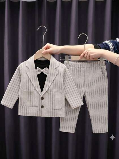 MEROPE Boys Striped
                    Shawl Neck Long Sleeves T-shirt and Shirt with
                    Trousers