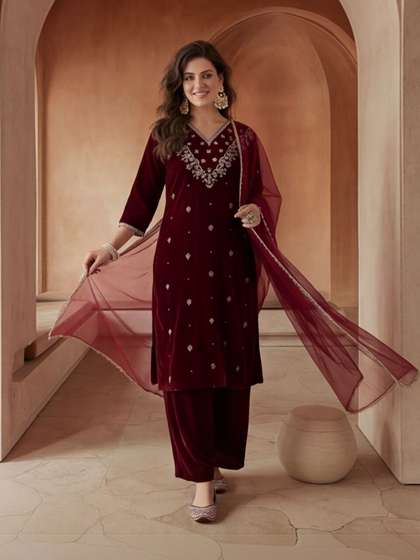 Anouk Women Ethnic
                          Motifs Embroidered Regular Thread Work Velvet
                          Kurta with Palazzos & With Dupatta