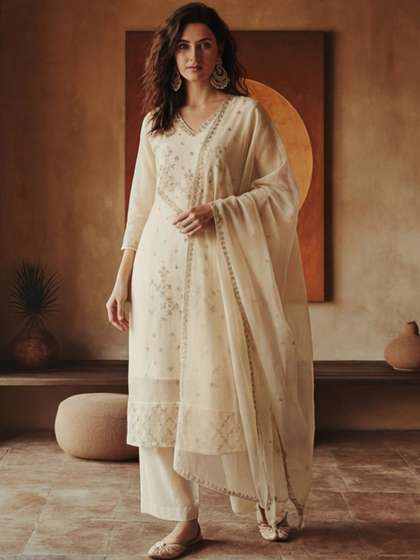Anouk Women Ethnic
                        Motifs Embroidered Regular Thread Work Chanderi
                        Cotton Kurta with Trousers & With Dupatta