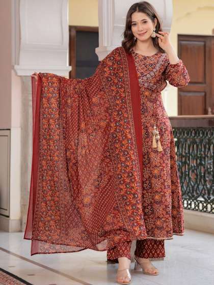 NAVYAAZRI Women
                          Floral Printed Regular Sequinned Pure Cotton
                          Kurta with Trousers & With Dupatta