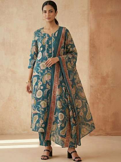 Varanga Women
                          Ethnic Motifs Printed Regular Kurta with
                          Trousers & With Dupatta