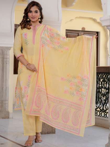 NAVYAAZRI Women
                        Floral Printed Regular Beads and Stones Pure
                        Cotton Kurta with Trousers & With Dupatta