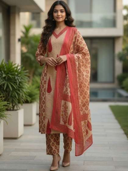 Varanga Women Ethnic
                        Motifs Printed Regular Pure Cotton Kurta with
                        Trousers & With Dupatta
