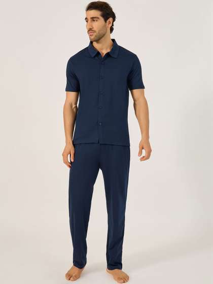 Styli Men Navy Blue
                        Solid Cotton Shirt & Pyjama Set