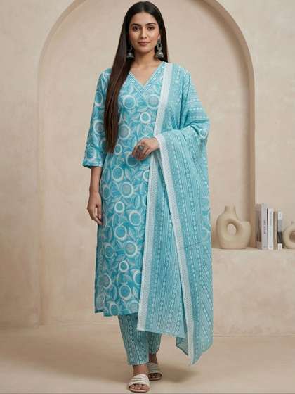 Varanga Women
                            Ethnic Motifs Printed Regular Kurta with
                            Trousers & With Dupatta